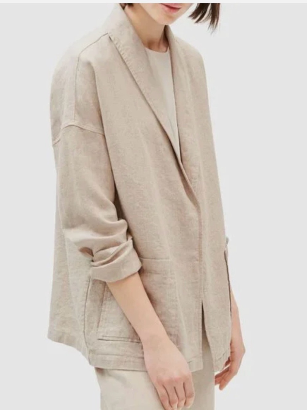 Eileen Fisher Heavy 100% Organic Linen Shawl Collar Jacket Natural Beige Size XL